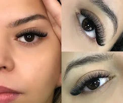 Antes e depois de extensão de cílios.